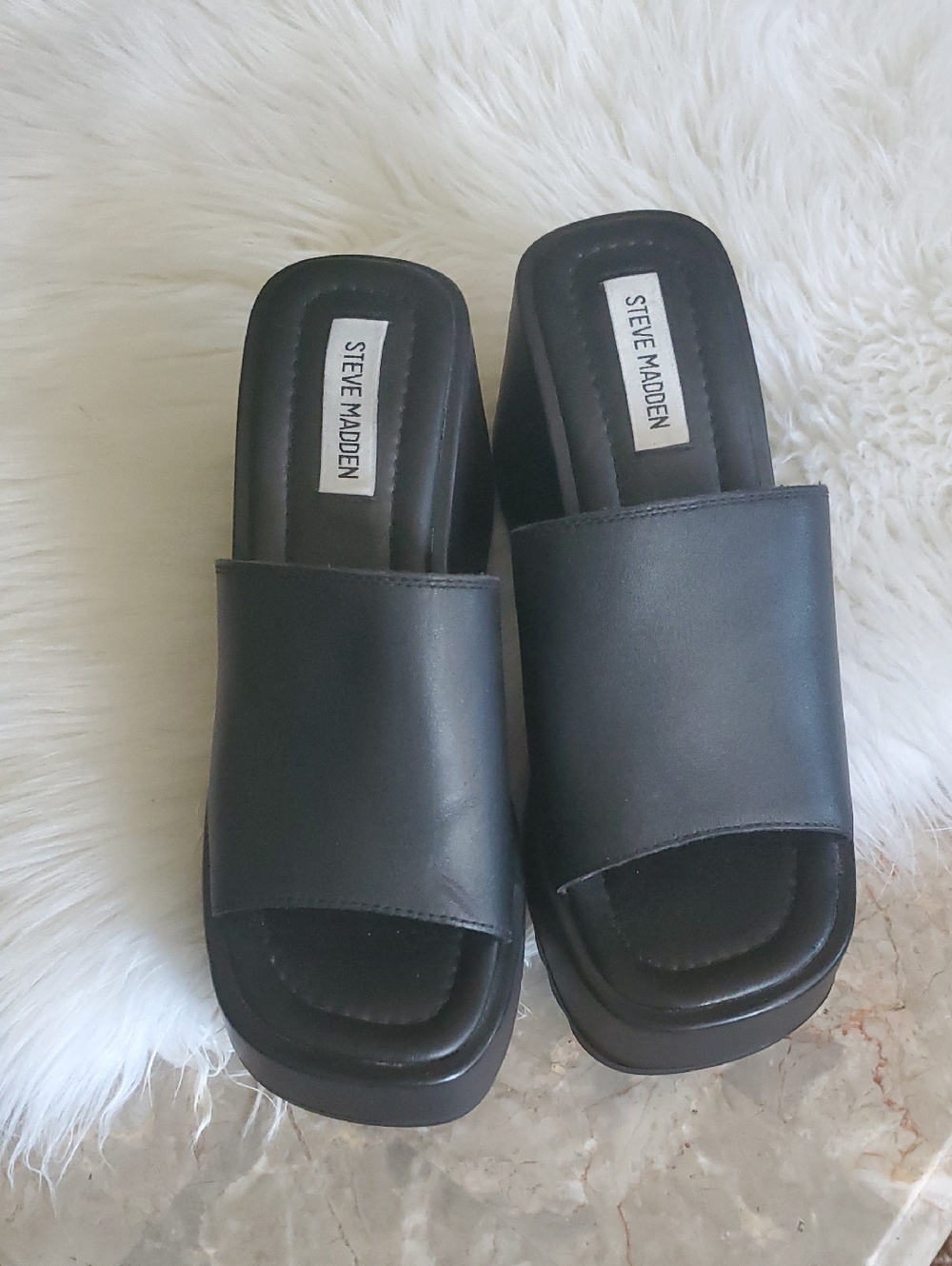 Y2k Steve Madden Grunge Black Open Toe Chunky Wedge   Sandals